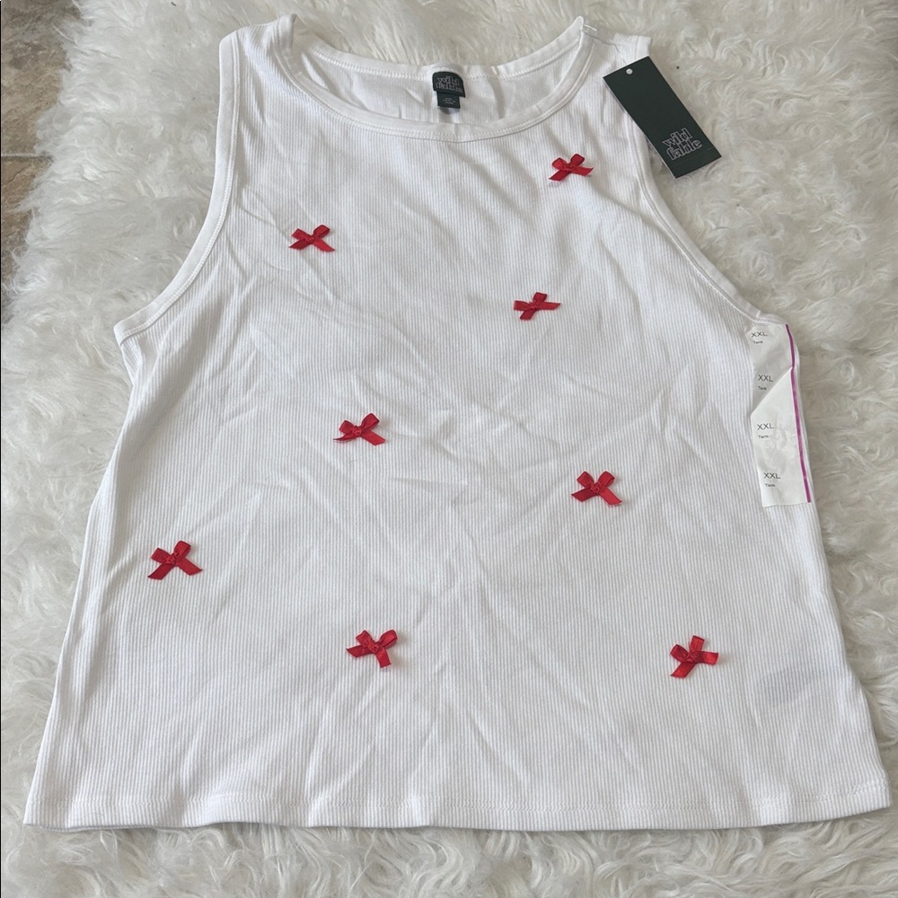 FLAWED NWT Wild Fable White Ribbed Red Bow Tank Size XXL